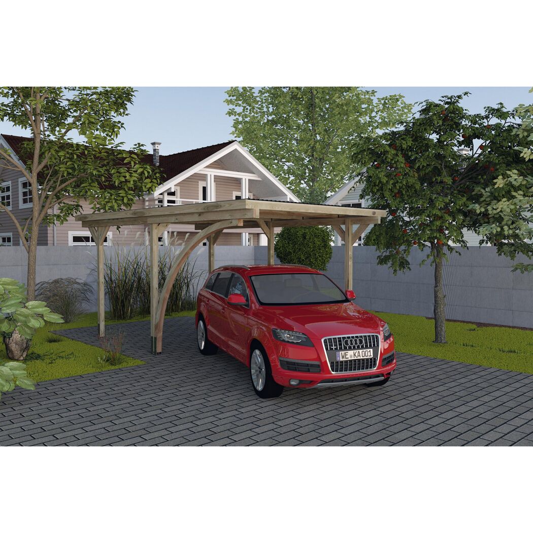 Rotes Auto unter einem Carport.