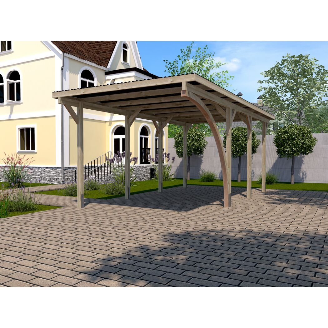 Holzcarport auf einem gepflasterten Hof