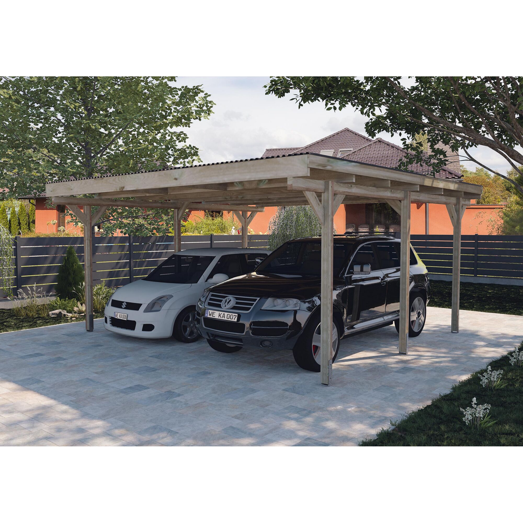 Doppelcarport aus Holz mit zwei Autos