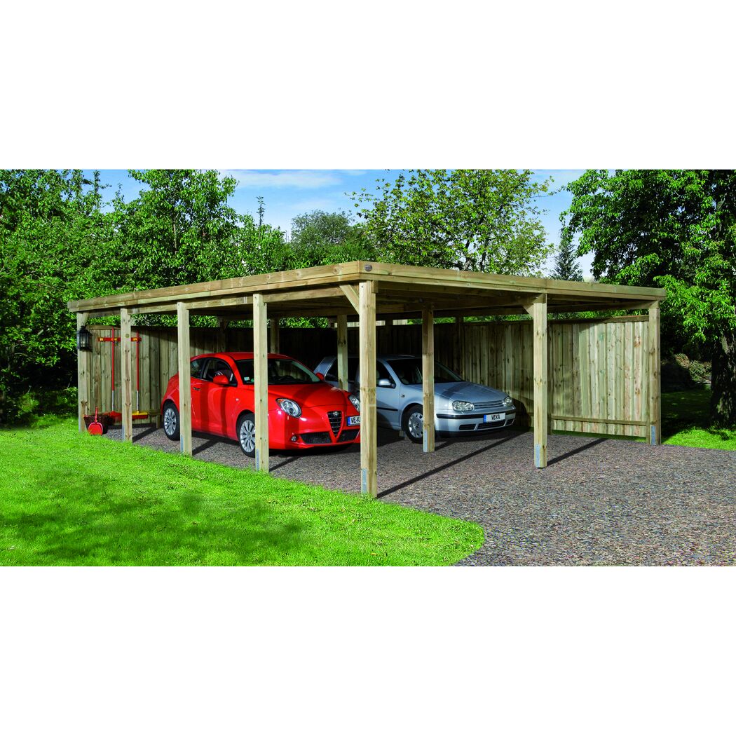 Doppelcarport aus Holz mit zwei Autos