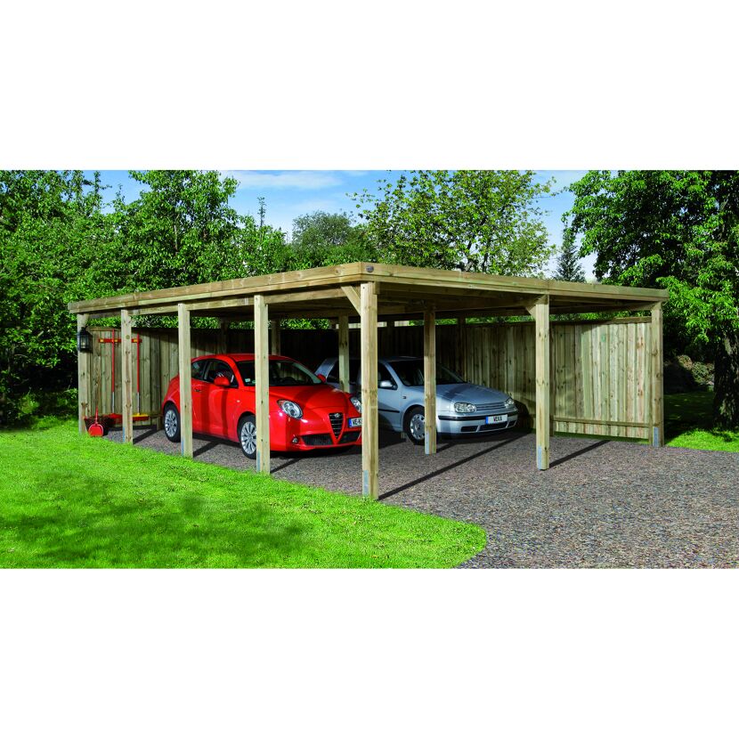 Doppelcarport aus Holz mit zwei Autos