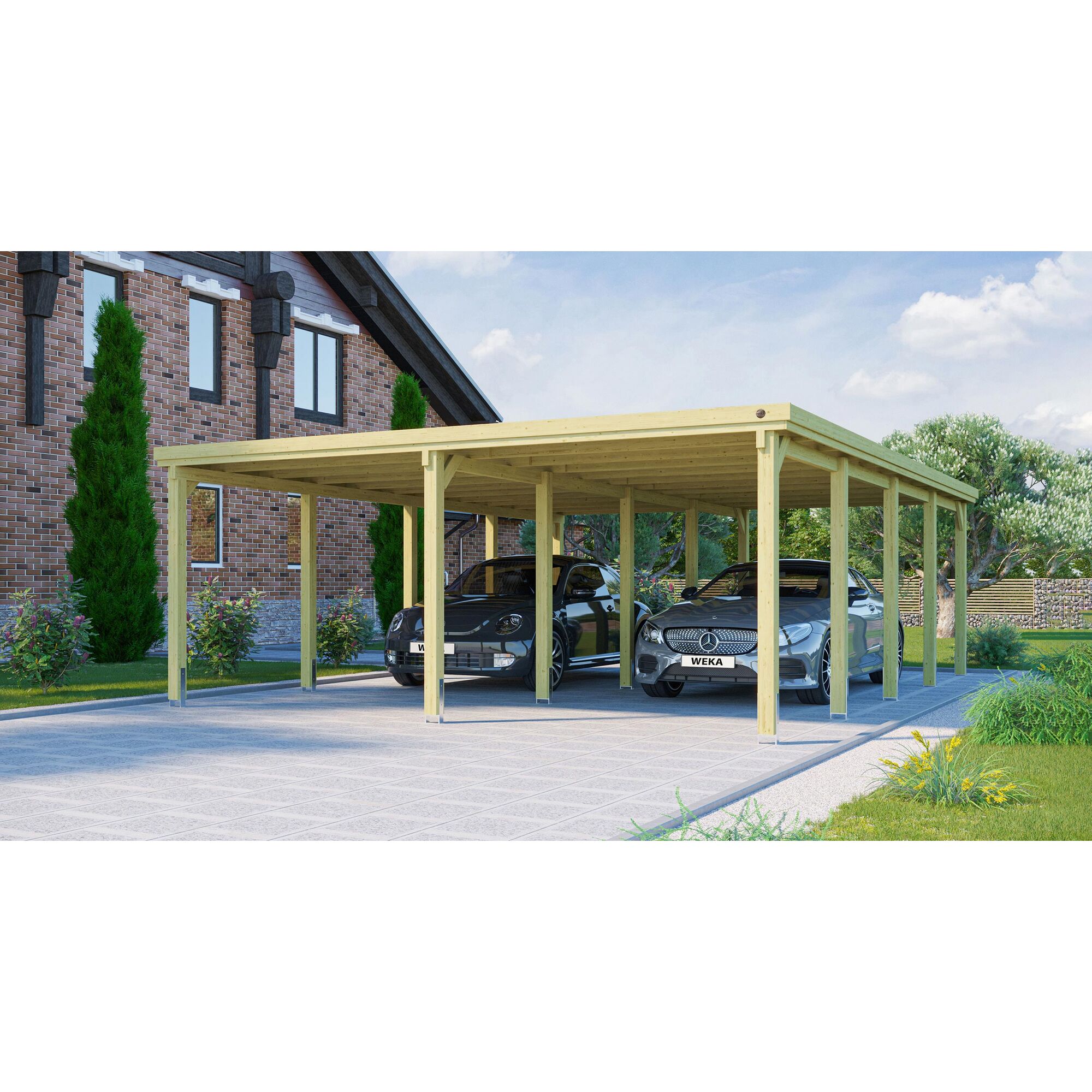 Doppelcarport aus Holz mit zwei Autos