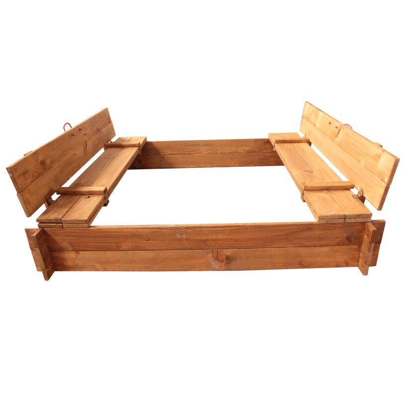 Holzsandkasten mit zwei hochklappbaren Sitzflächen