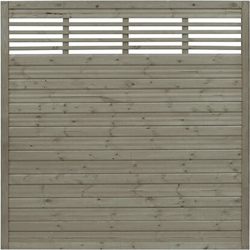 Grauer Gartenzaun Lucca mit horizontalen Holzlatten und einem Lattenfenster oben.