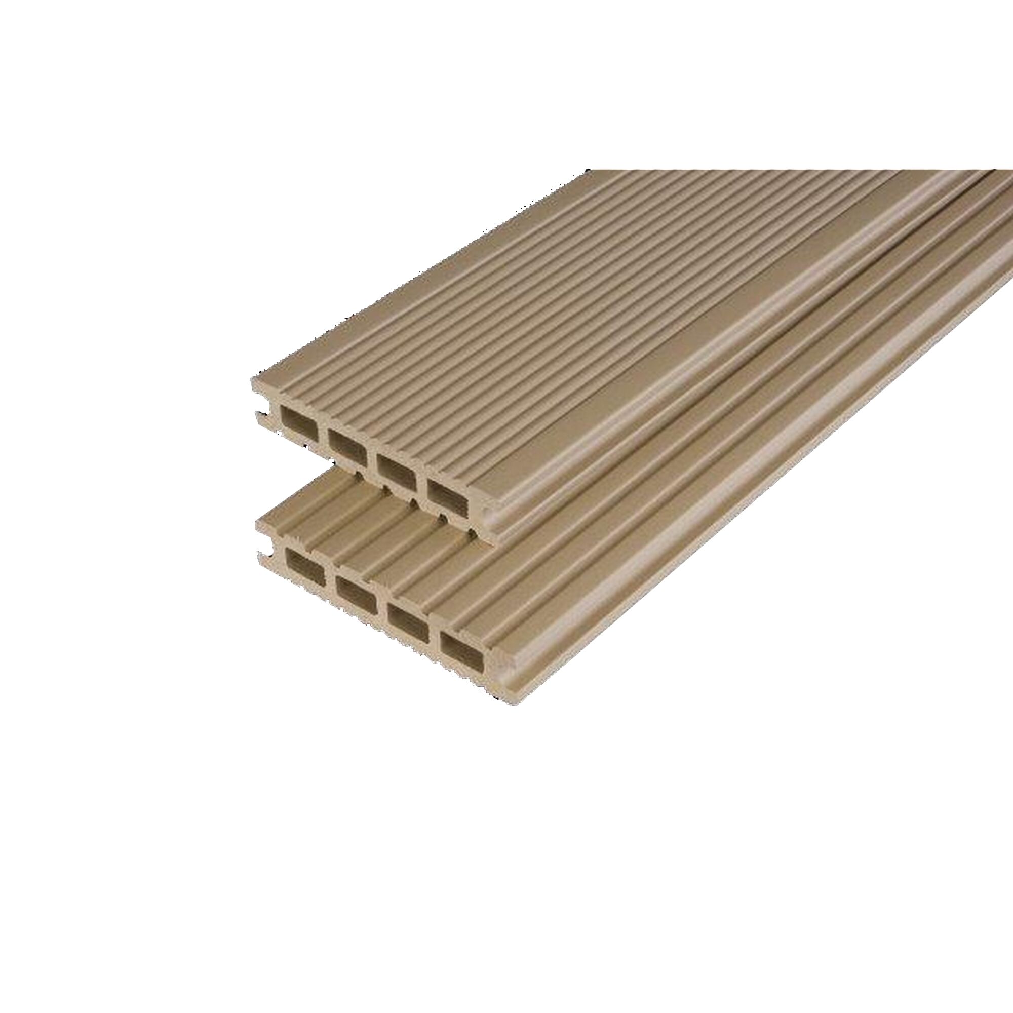 Zwei sandfarbene WPC-Terrassendielen