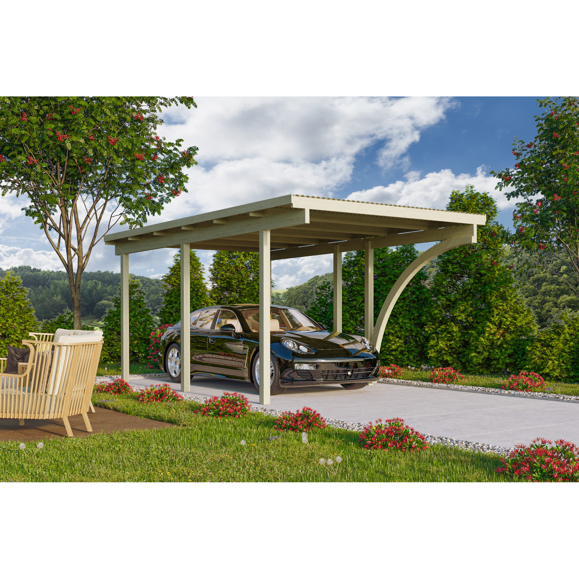 Einzelcarport 'Eco 1' 304 x 490 cm Kiefer KDI PVC-Dach, mit einem Einfahrtsbogen