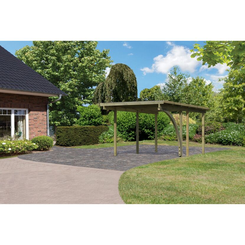 Einzelcarport 'Eco 1' 304 x 490 cm Kiefer KDI PVC-Dach, mit einem Einfahrtsbogen