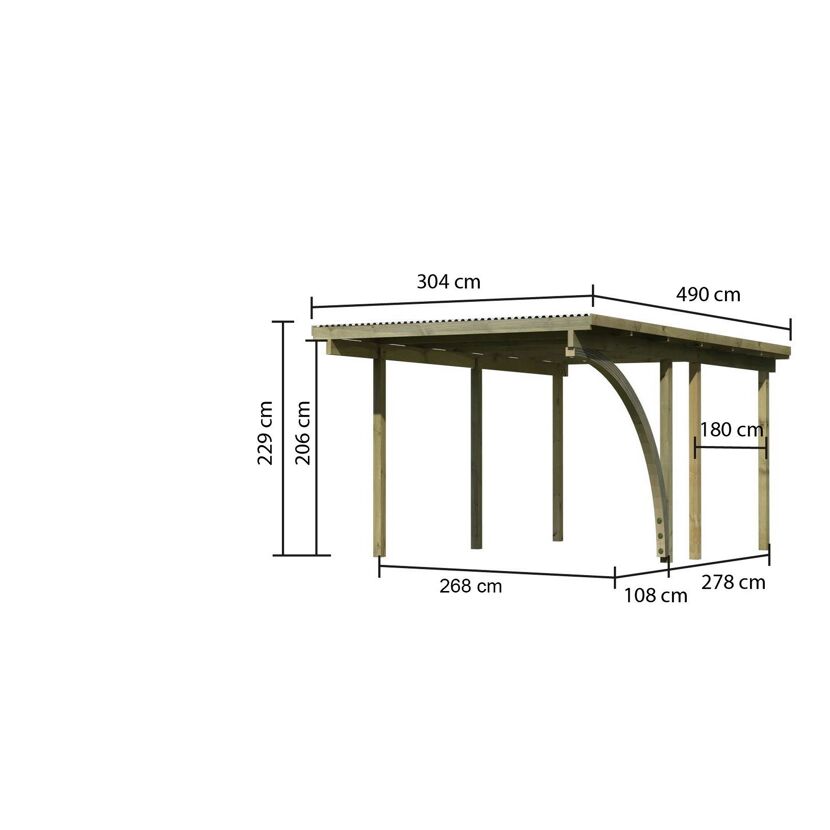 Einzelcarport 'Eco 1' 304 x 490 cm Kiefer KDI PVC-Dach, mit einem Einfahrtsbogen
