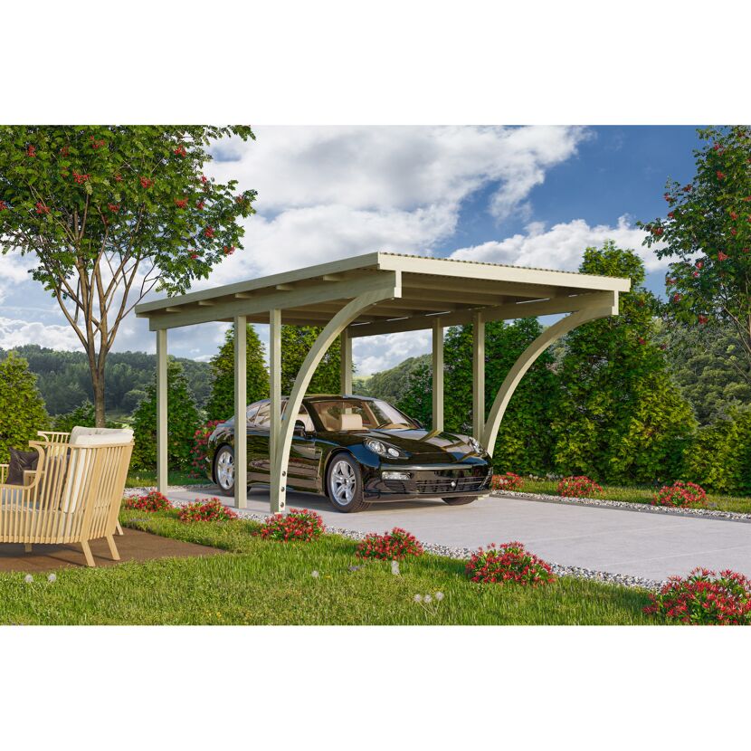 Einzelcarport 'Eco 1' 304 x 490 cm Kiefer KDI PVC-Dach, mit zwei Einfahrtsbögen