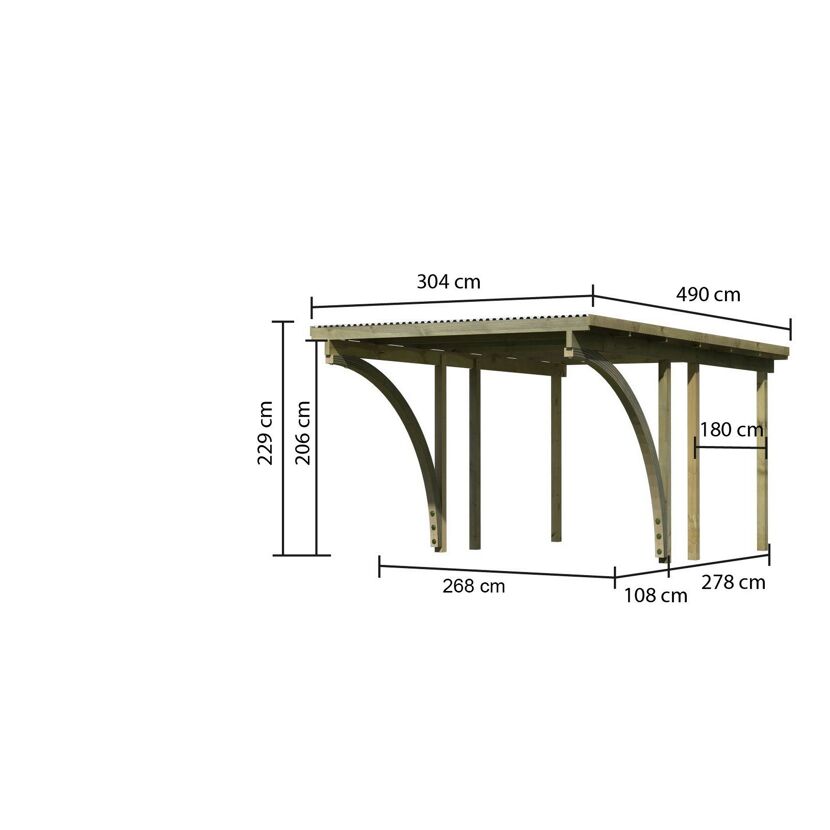 Einzelcarport 'Eco 1' 304 x 490 cm Kiefer KDI PVC-Dach, mit zwei Einfahrtsbögen