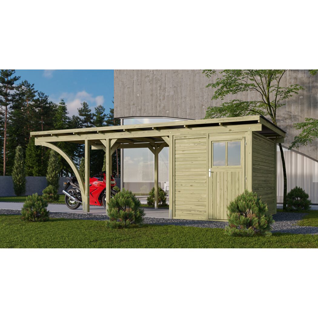 Einzelcarport 'Basic 2' 304 x 676 cm Kiefer KDI PVC-Dach, mit einem Einfahrtsbogen