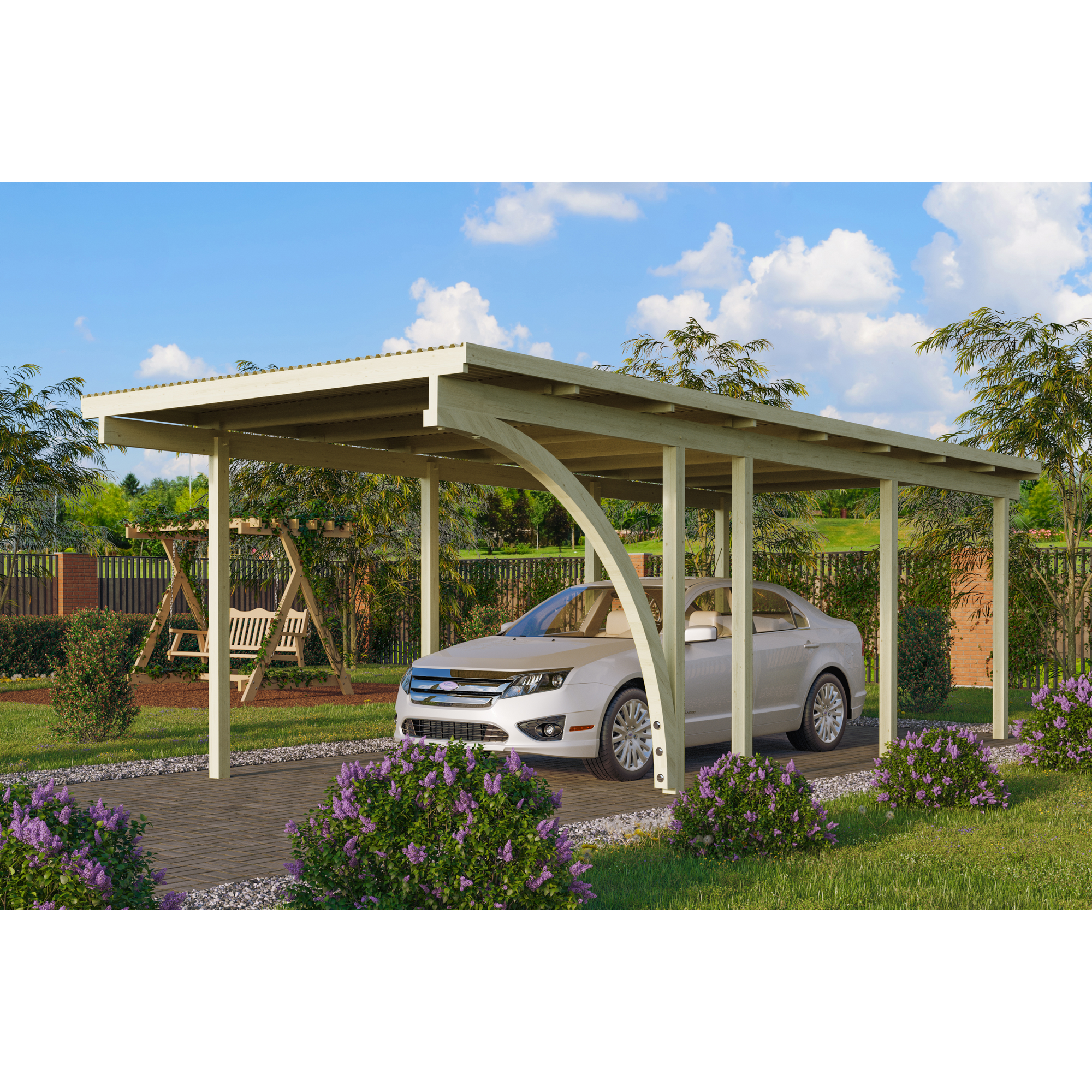 Einzelcarport 'Eco 2' 304 x 676 cm Kiefer KDI PVC-Dach, mit einem Einfahrtsbogen