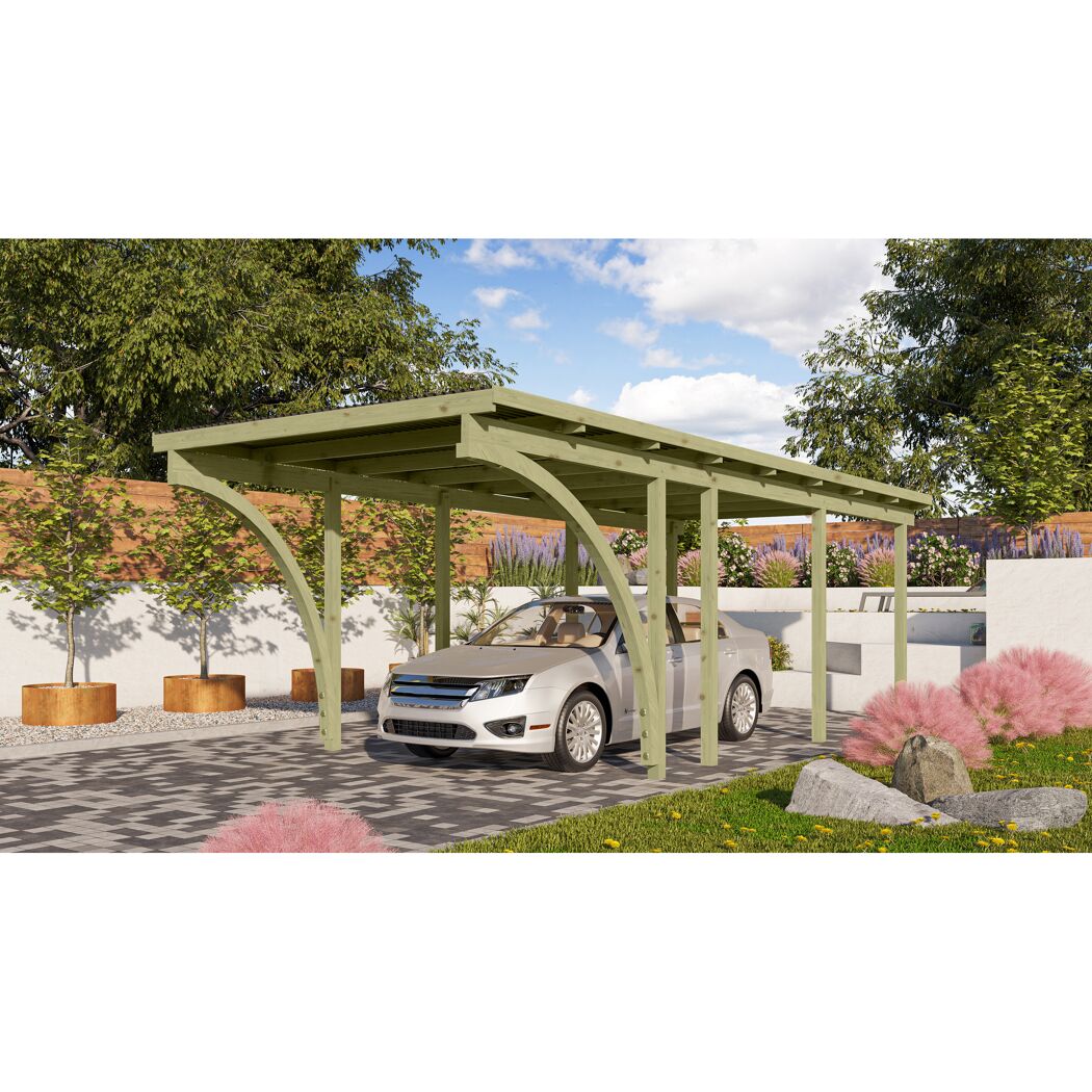 Einzelcarport 'Basic 2' 304 x 676 cm Kiefer KDI PVC-Dach, mit zwei Einfahrtsbögen