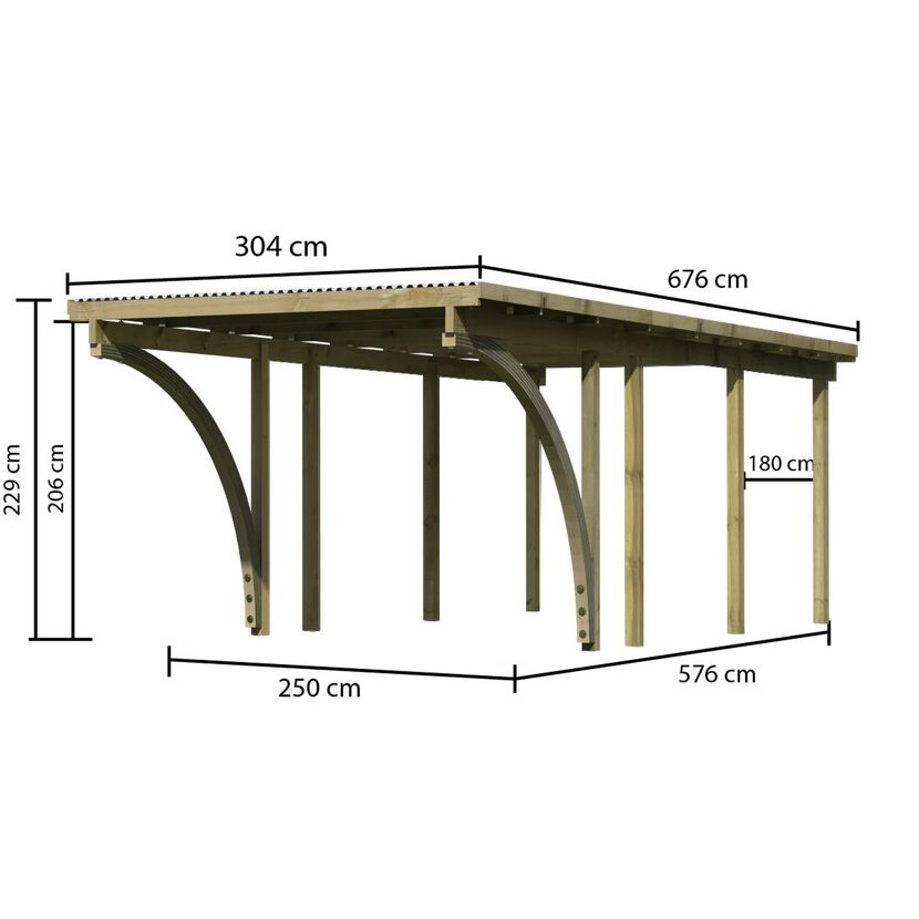 Einzelcarport 'Eco 2' 304 x 676 cm Kiefer KDI PVC-Dach, mit zwei Einfahrtsbögen