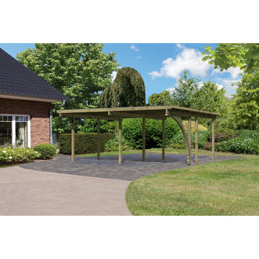 Doppelcarport 'Eco 1' 563 x 490 cm Kiefer KDI PVC-Dach, mit einem Einfahrtsbogen