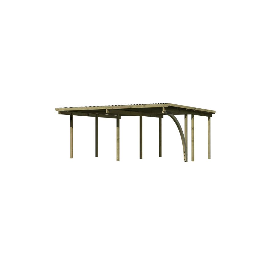 Doppelcarport 'Eco 1' 563 x 490 cm Kiefer KDI PVC-Dach, mit einem Einfahrtsbogen