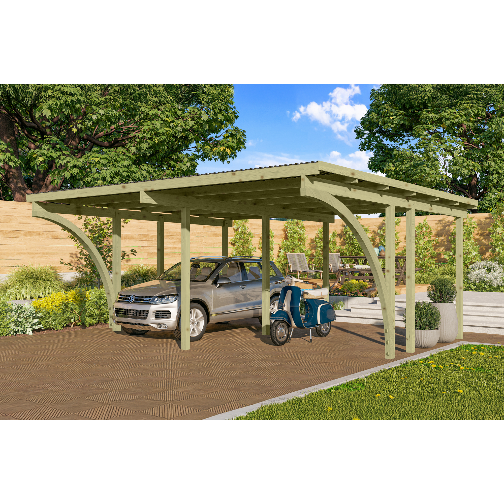 Doppelcarport 'Eco 1' 563 x 490 cm Kiefer KDI PVC-Dach, mit zwei Einfahrtsbögen