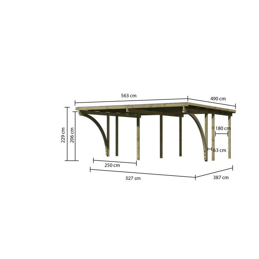 Doppelcarport 'Eco 1' 563 x 490 cm Kiefer KDI PVC-Dach, mit zwei Einfahrtsbögen