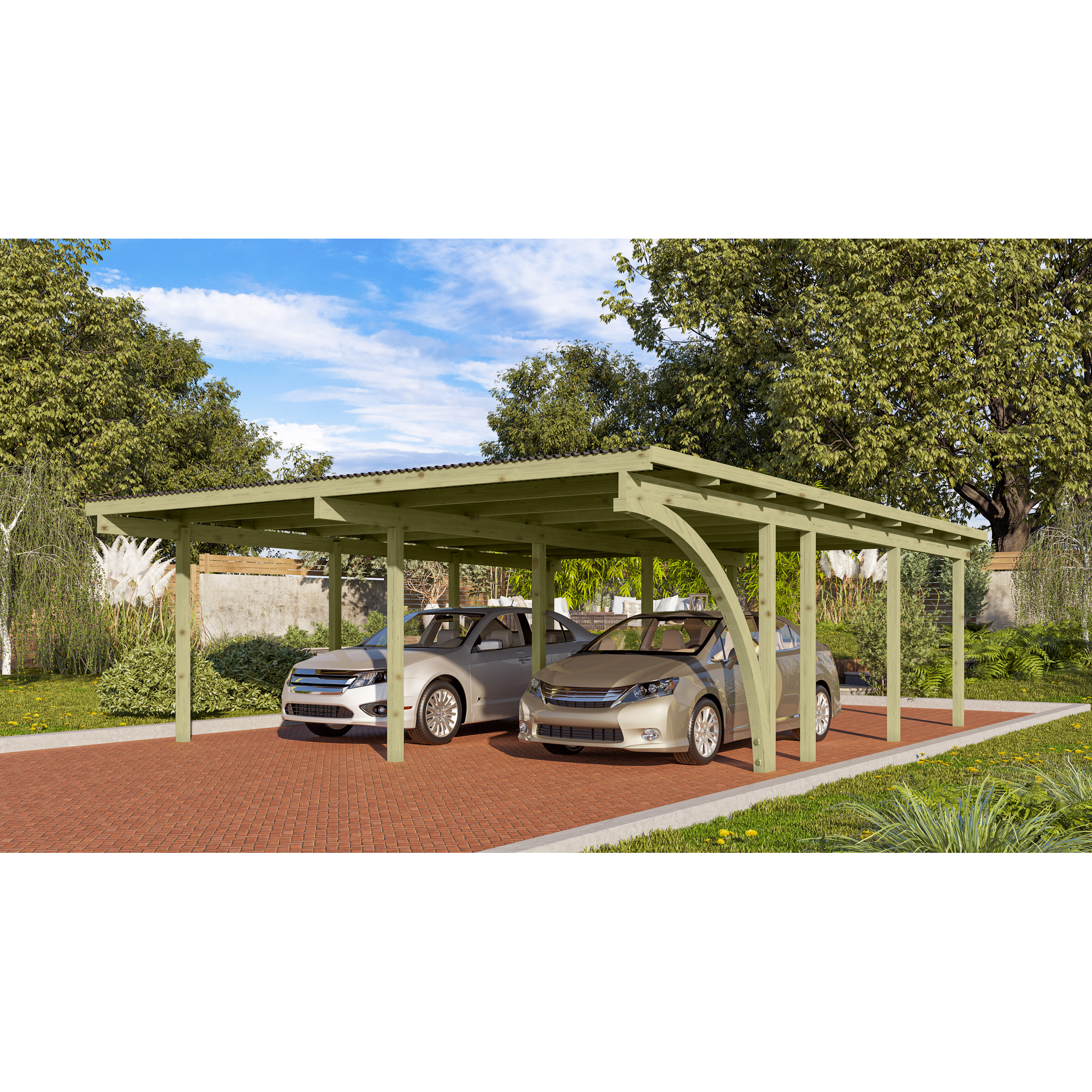 Doppelcarport 'Basic 2' 563 x 676 cm Kiefer KDI PVC-Dach, mit einem Einfahrtsbogen