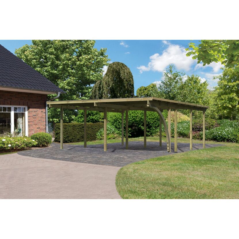 Doppelcarport 'Eco 2' 563 x 676 cm Kiefer KDI PVC-Dach, mit einem Einfahrtsbogen