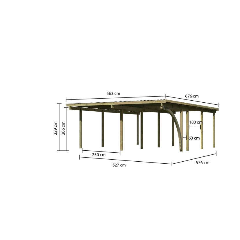Doppelcarport 'Eco 2' 563 x 676 cm Kiefer KDI PVC-Dach, mit einem Einfahrtsbogen