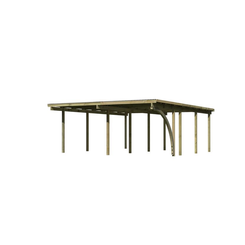 Doppelcarport 'Eco 2' 563 x 676 cm Kiefer KDI PVC-Dach, mit einem Einfahrtsbogen