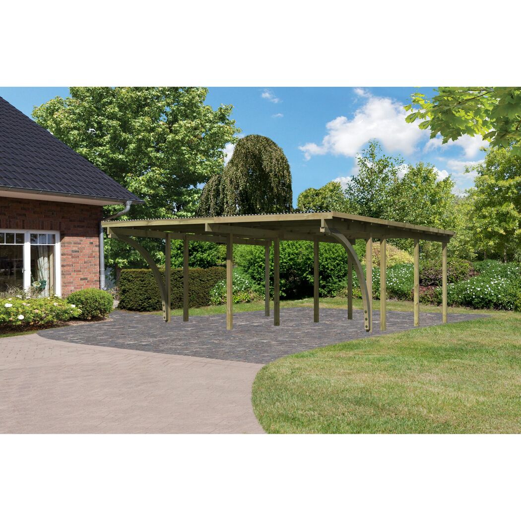 Doppelcarport 'Basic 2' 563 x 676 cm Kiefer KDI PVC-Dach, mit zwei Einfahrtsbögen