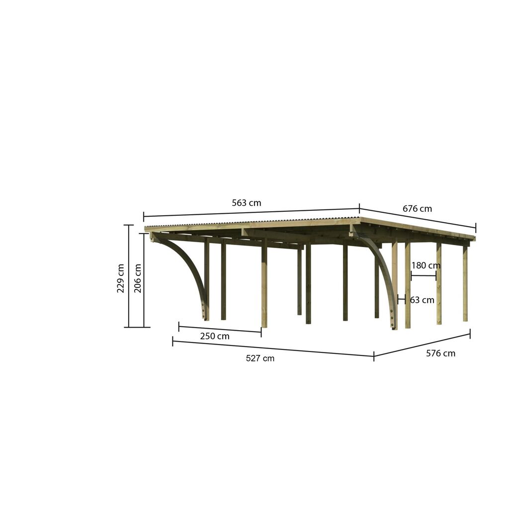 Doppelcarport 'Basic 2' 563 x 676 cm Kiefer KDI PVC-Dach, mit zwei Einfahrtsbögen