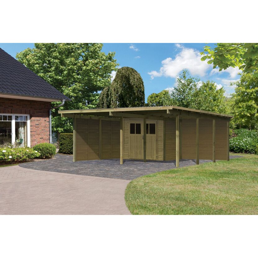 Holzcarport mit integriertem Geräteschuppen
