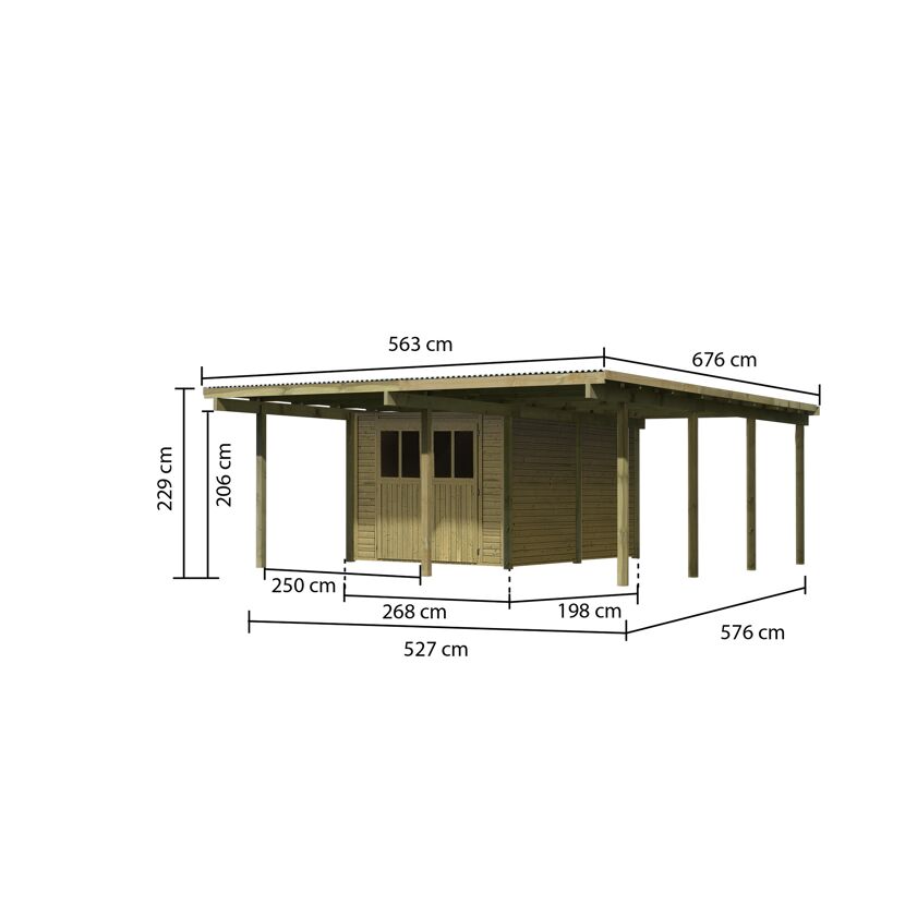 Holzgerätehaus mit Überdachung und Maßen