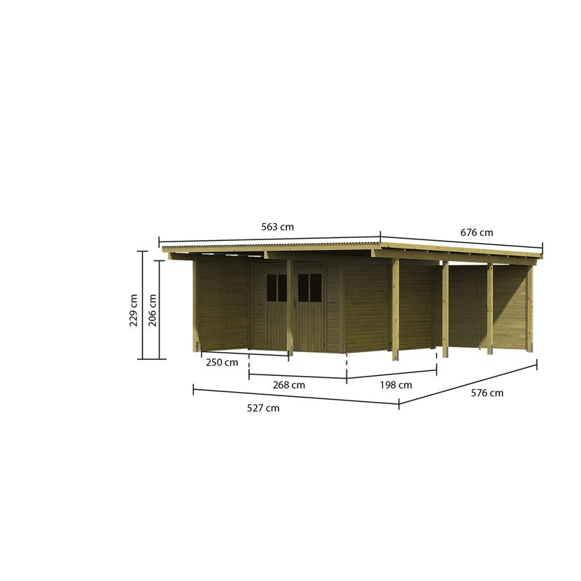 Holzgerätehaus mit Doppelflügeltür und angebauter Überdachung