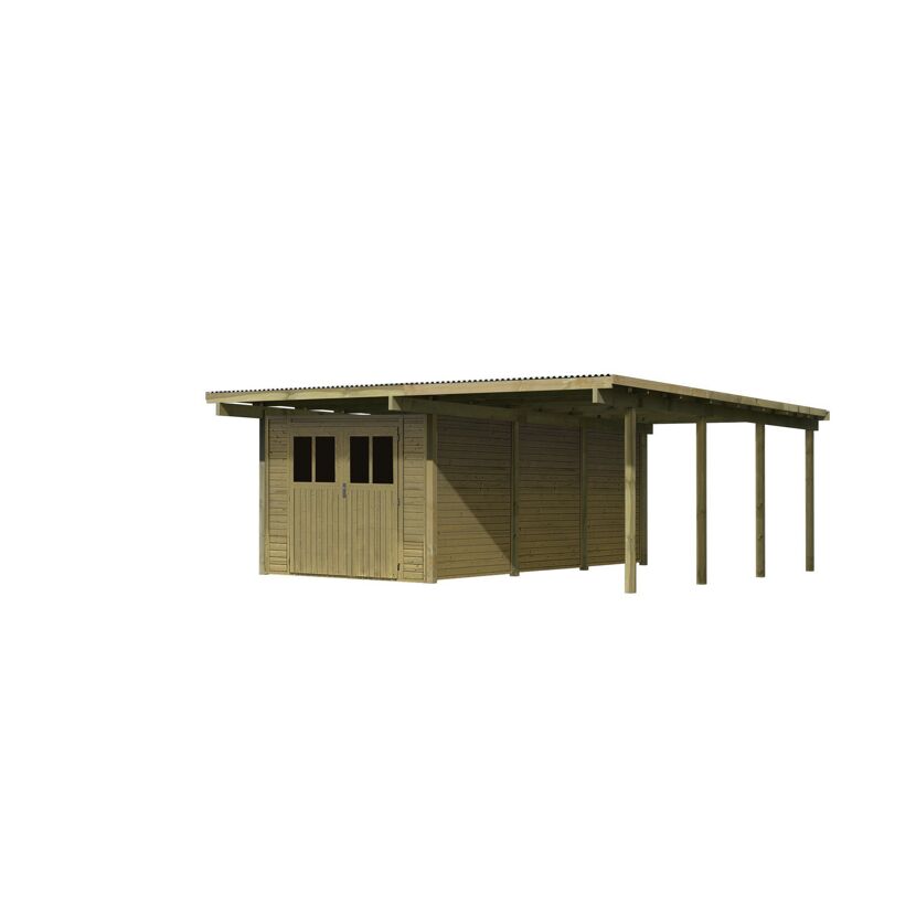 Holzgerätehaus mit angebauter Überdachung