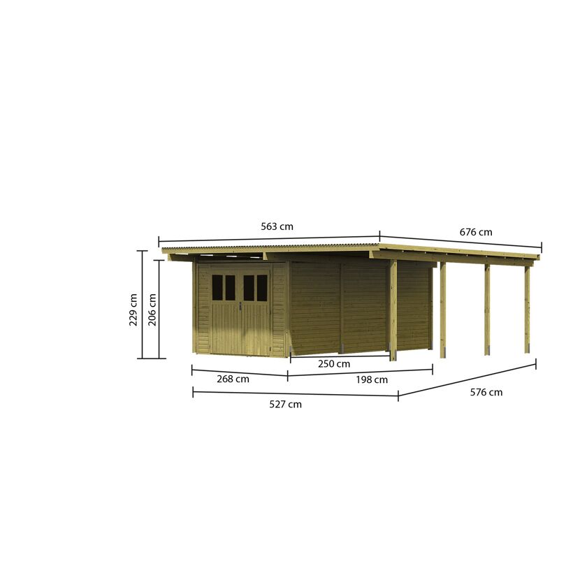 Gartenhaus aus Holz mit angebautem Unterstand