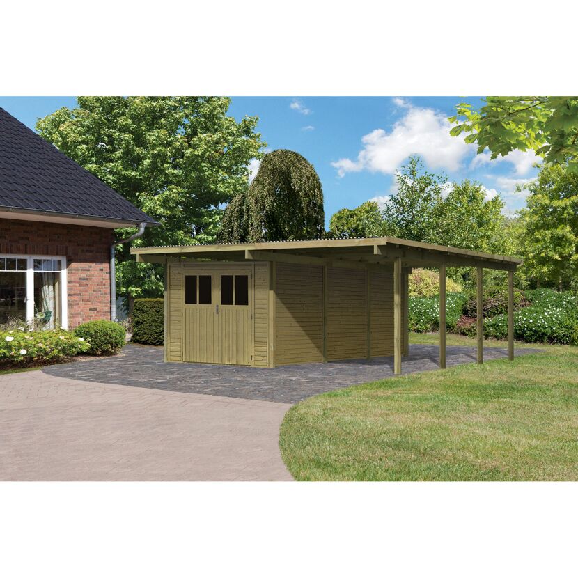 Gerätehaus aus Holz mit angebauter Überdachung