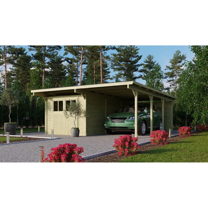 Grünes Auto unter einem Carport aus Holz.