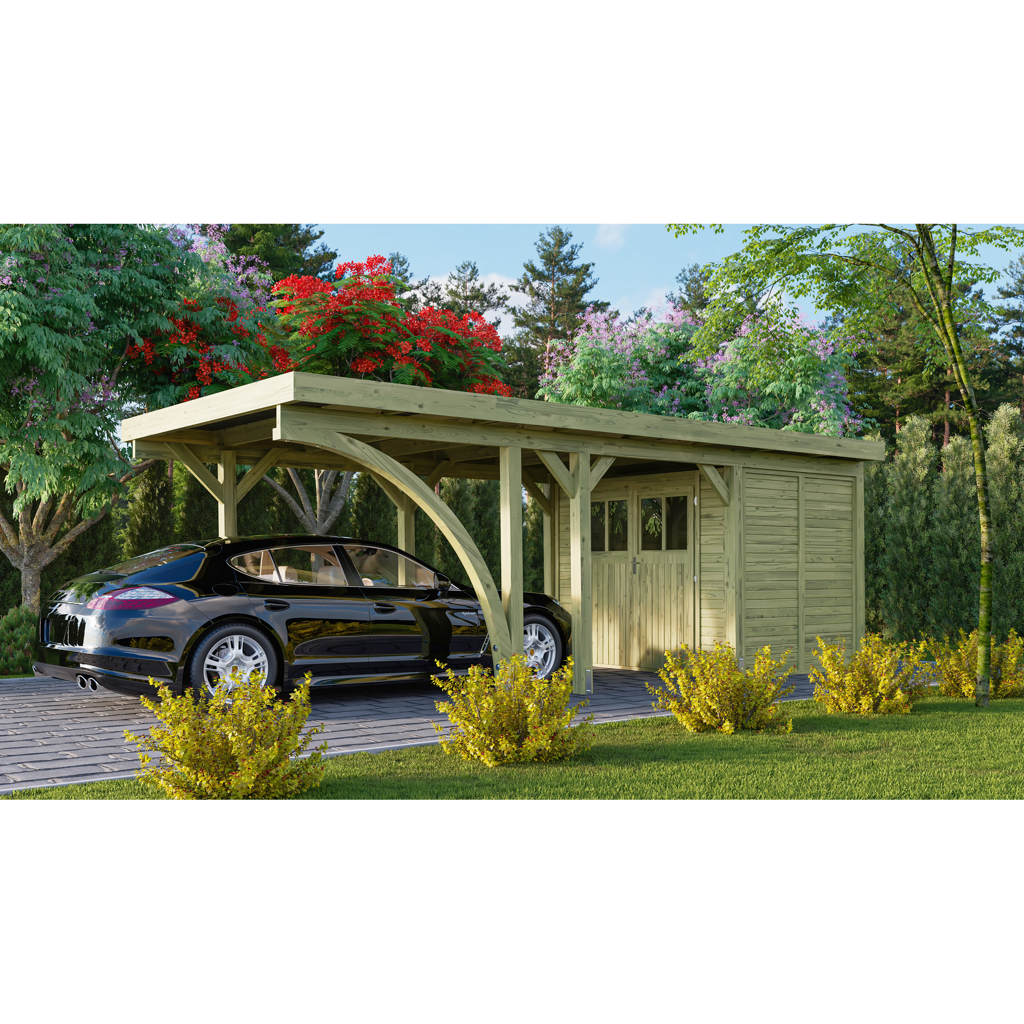 Einzelcarport 'Classic 2' 318 x 670 cm Kiefer KDI PVC-Dach, mit einem Einfahrtsbogen + product picture