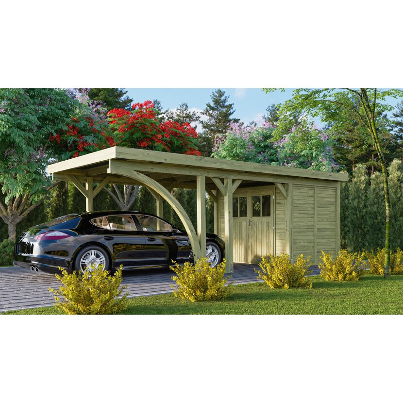 Carport aus Holz mit integriertem Schuppen