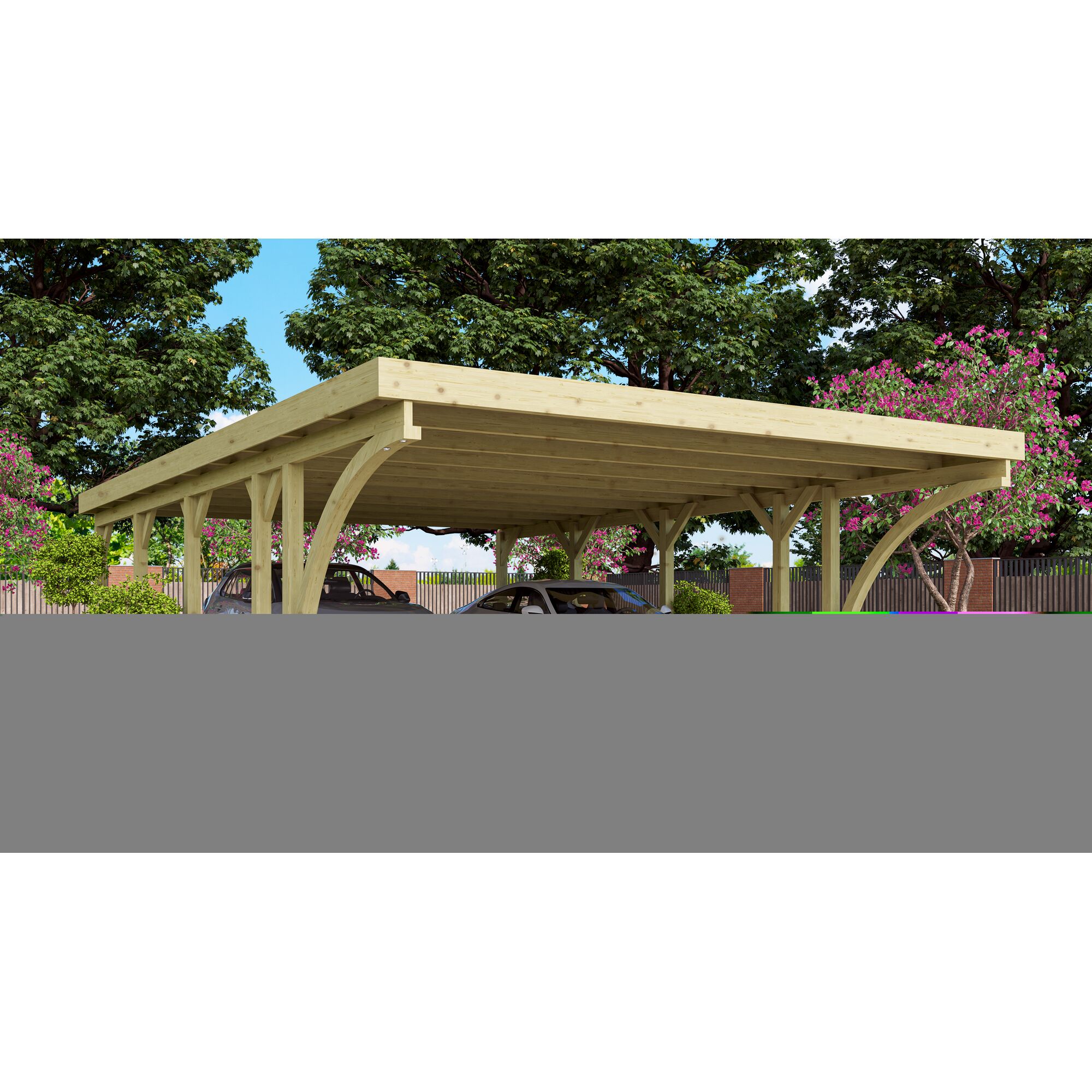 Doppelcarport aus Holz mit zwei Autos