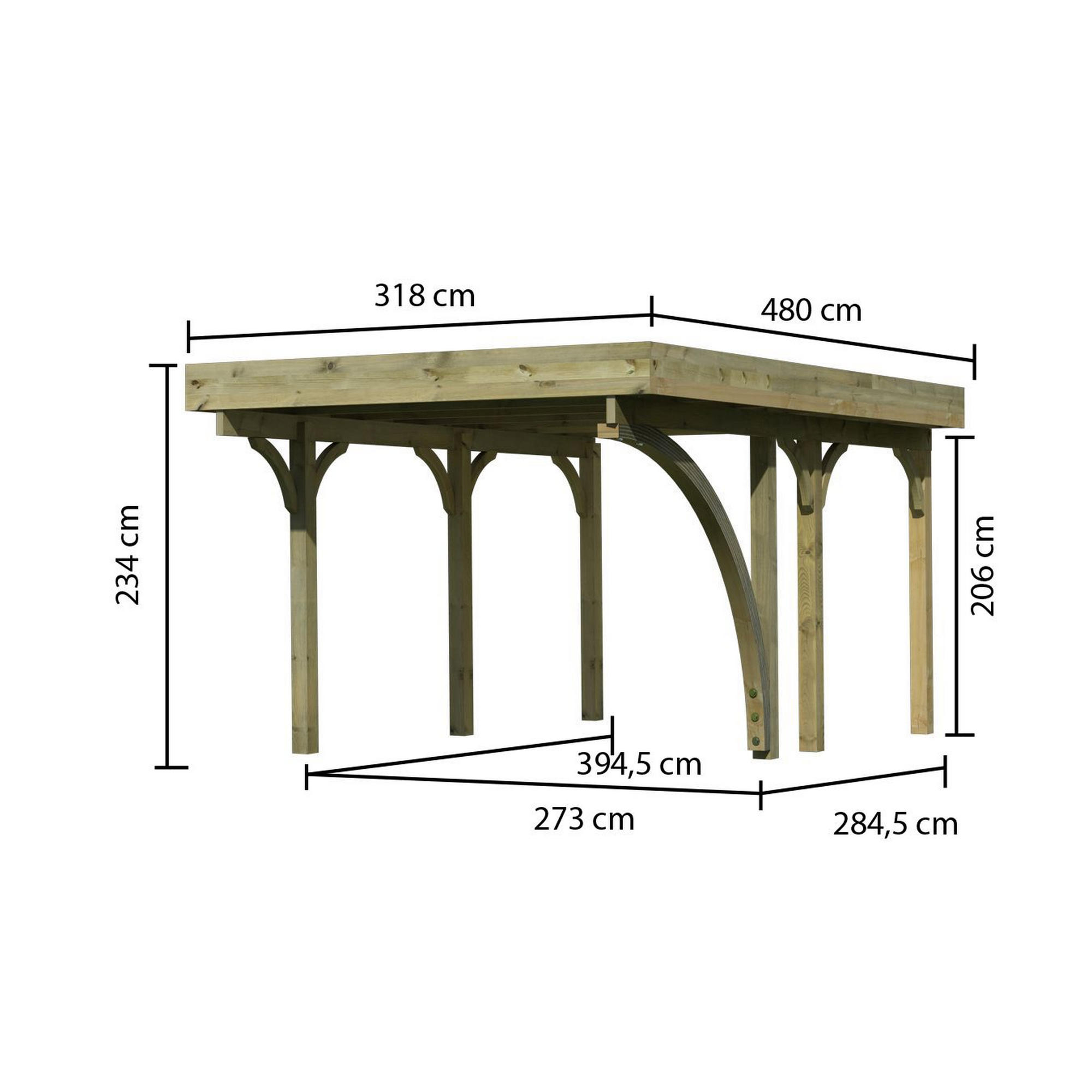 Einzelcarport 'Classic 1' 318 x 480 cm Kiefer KDI Stahl-Dach, mit einem Einfahrtsbogen + product picture