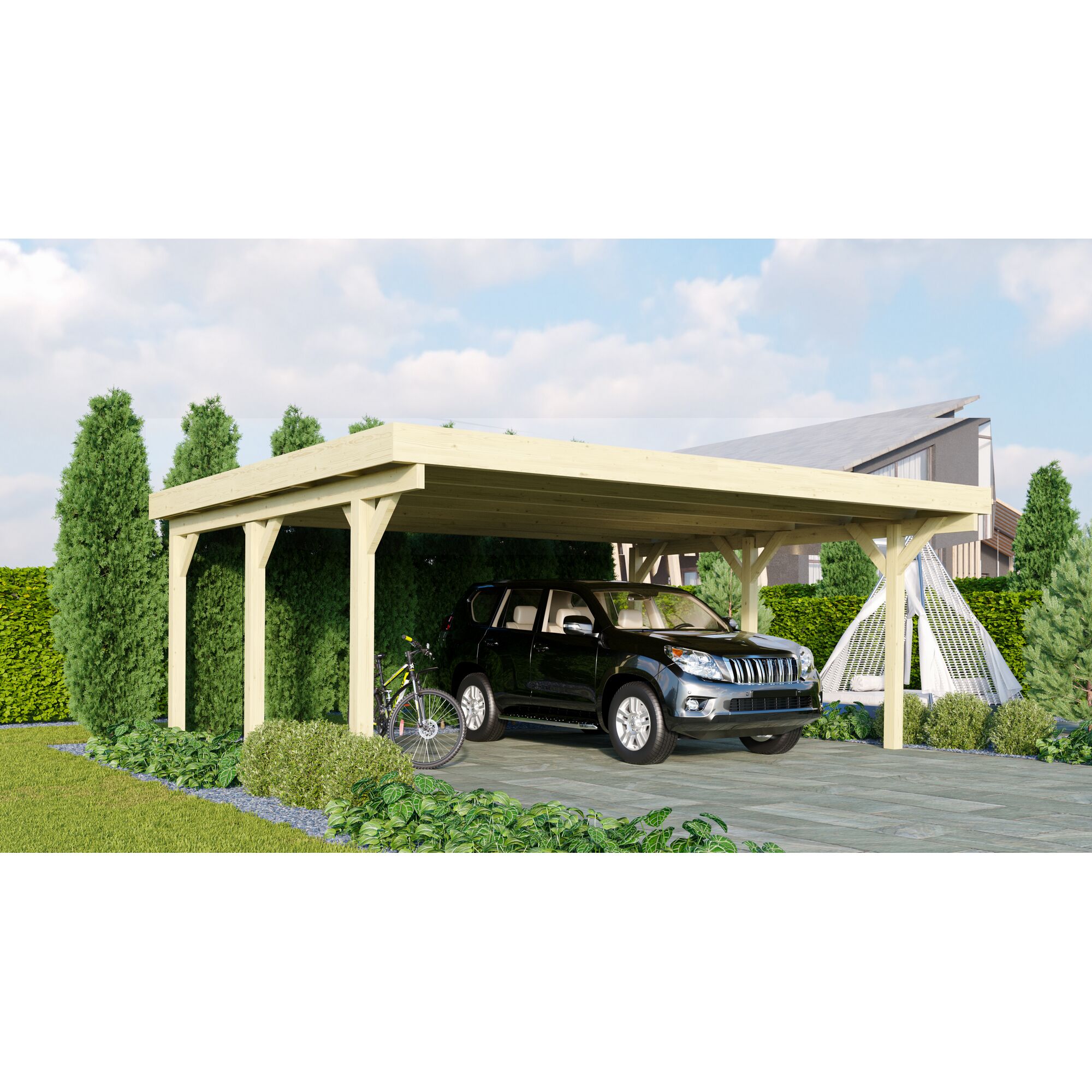 Auto und Fahrrad unter einem Carport