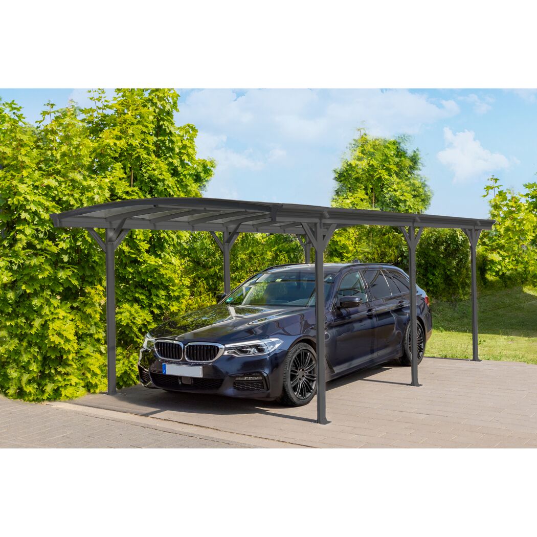 Anthrazitfarbener Carport mit Auto
