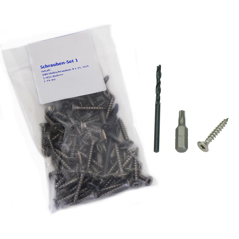 Schrauben-Set 1 mit Bohrer und Bit 4 x 25 mm, 100 Stück