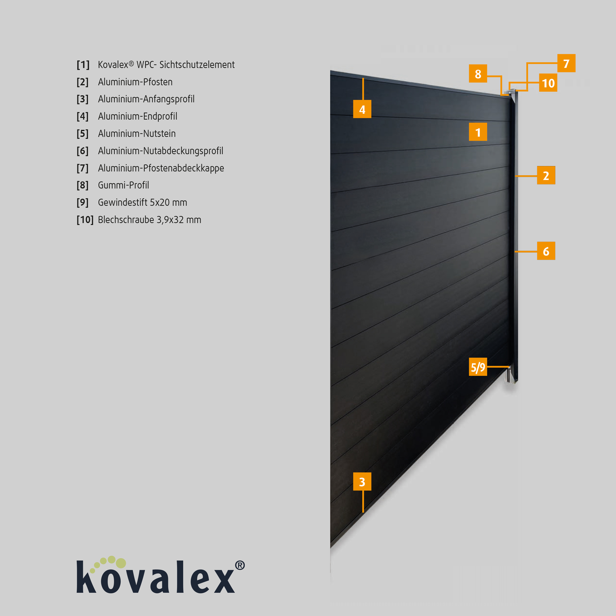 WPC-Sichtschutzzaun 'Premium' Erweiterungsmodul anthrazit matt 178 x 188 cm, 1 Pfosten + product picture