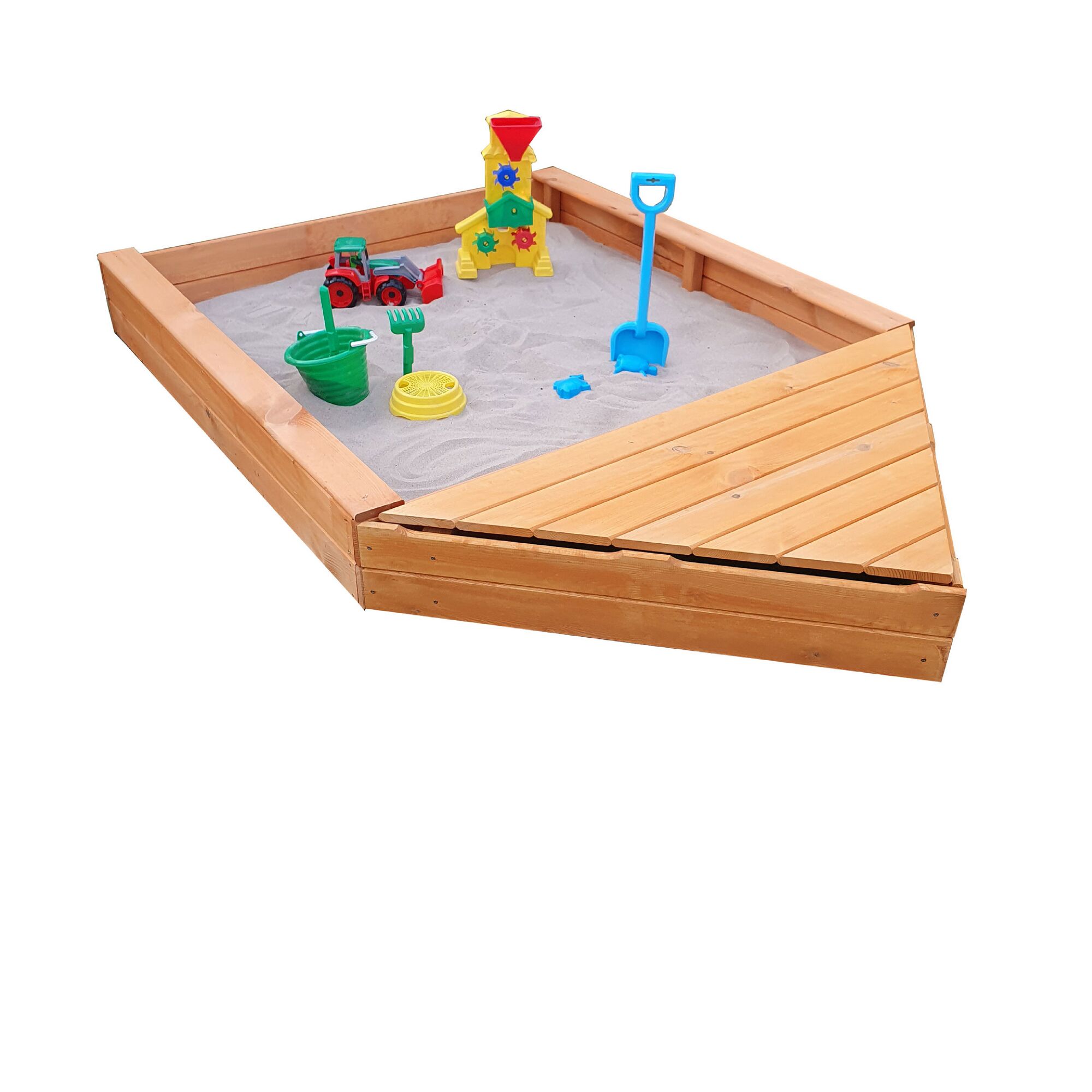 Hölzerner Sandkasten mit Spielzeug