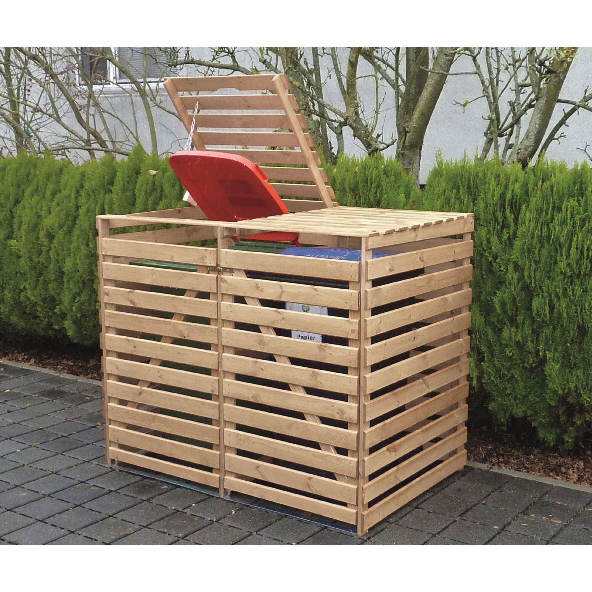 Doppelte Mülltonnenbox aus Holz