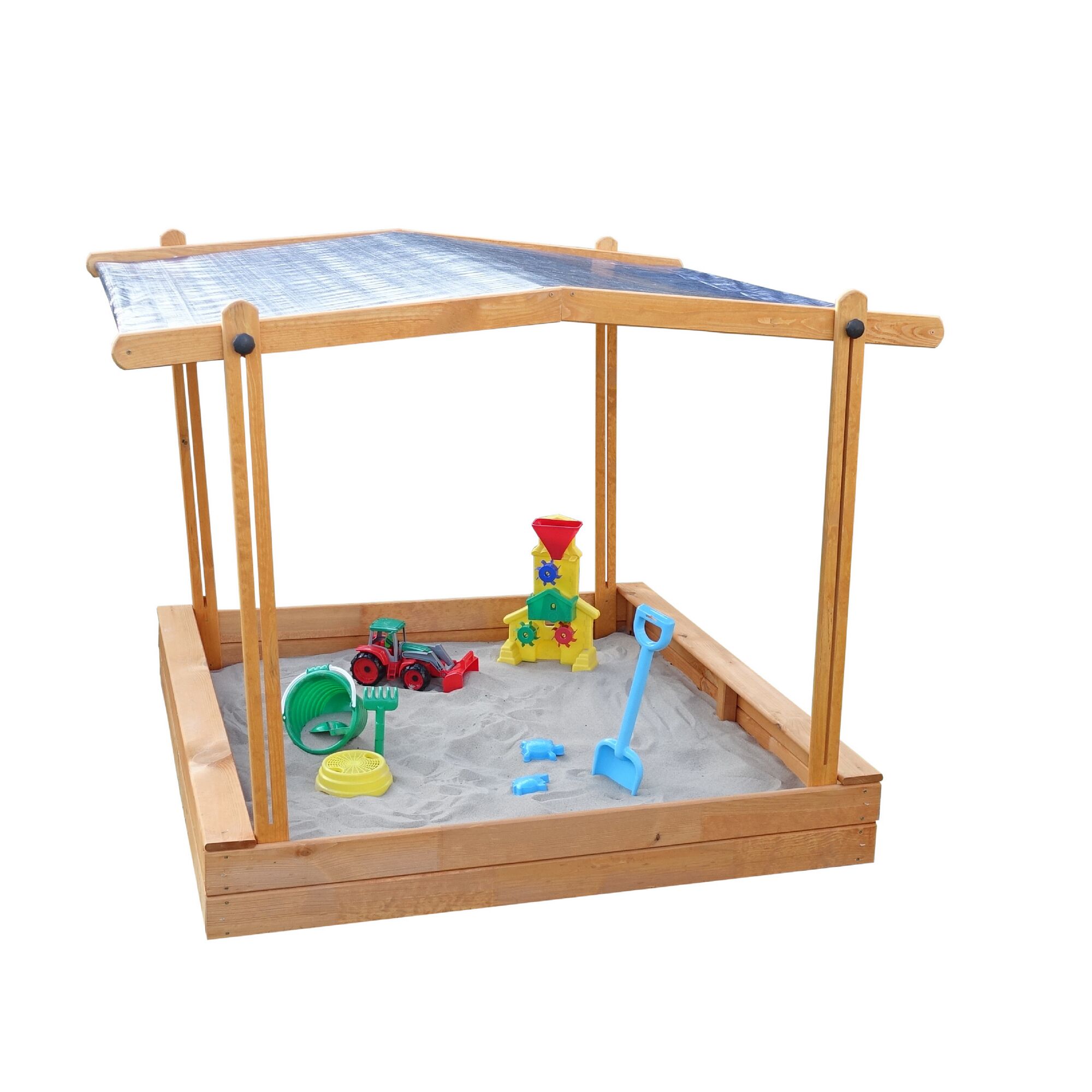 Sandkasten aus Holz mit Sonnenschutz und Sandspielzeug