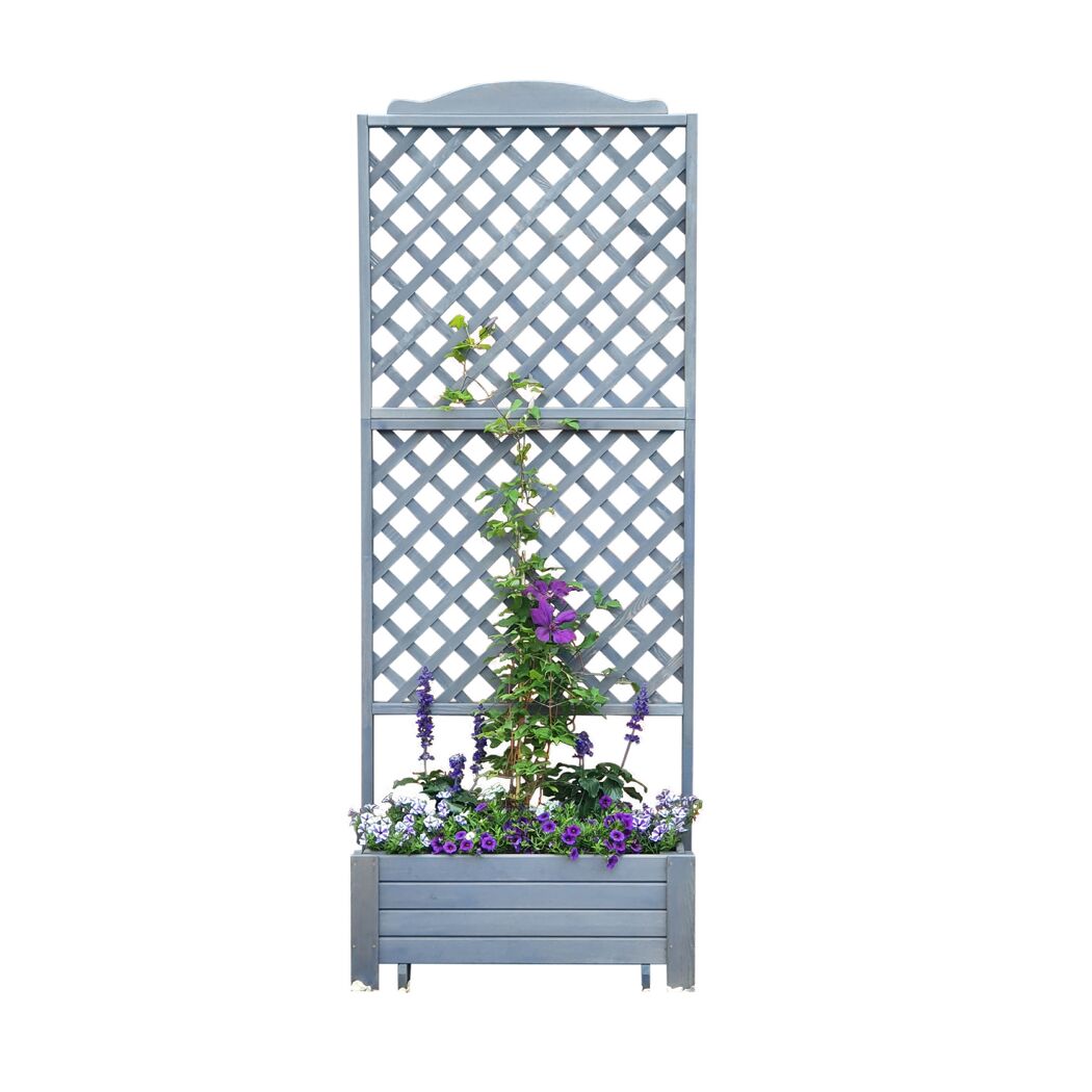 Grauer Rankkasten mit lila Blumen