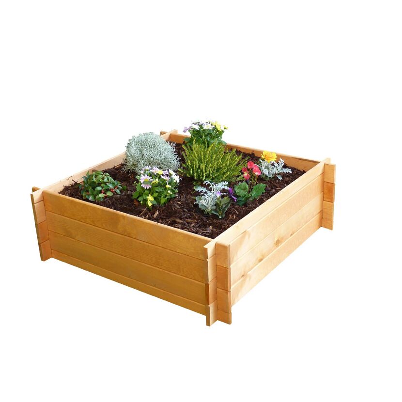 Holz-Hochbeet mit verschiedenen Blumen