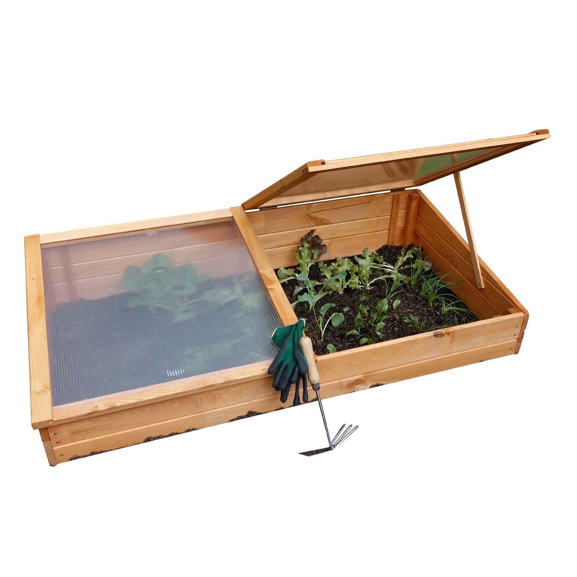 Holzgewächshaus mit Saatgut und Harke