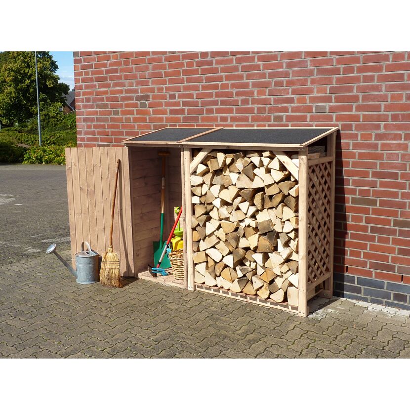 Holzlager für Kaminholz mit Geräteschuppen